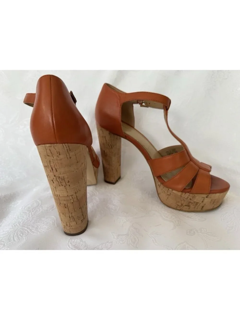 Michael Kors Mercer Platform Heels Cork & Leather Orange Women's Size 7 1/2